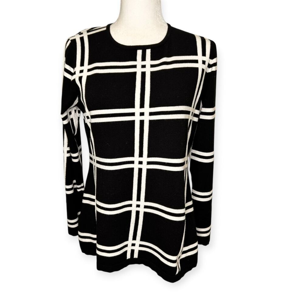 J'Envie Black White Windowpane Pattern Long Sleeve Knit Tunic Top Large